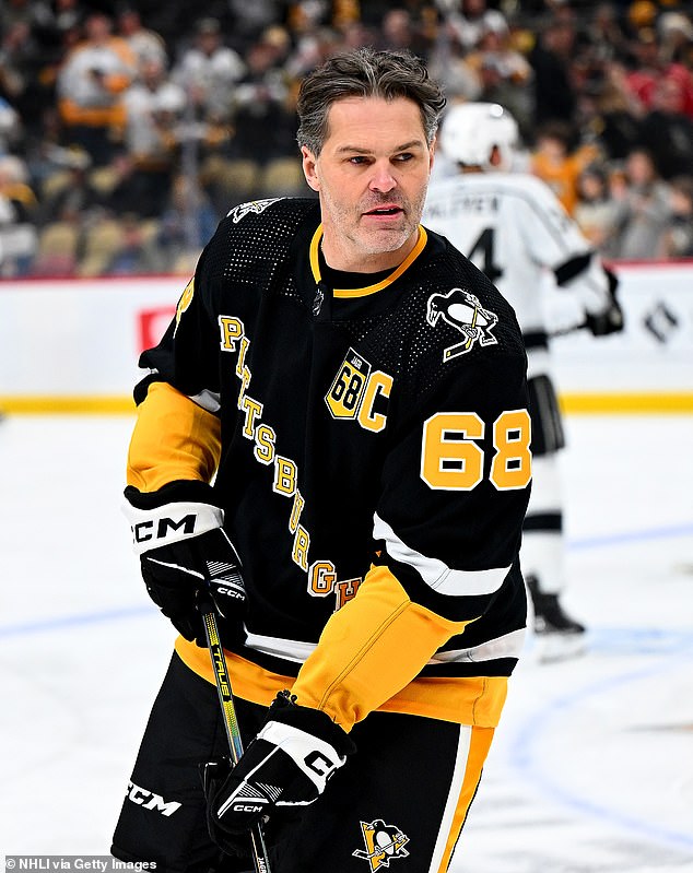 Jagr skates during warm ups after having his number retired and raised to the rafters in 2024