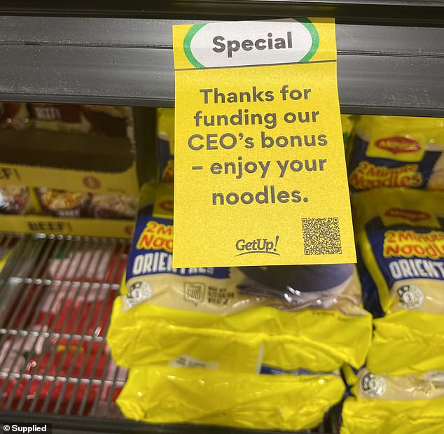 In response to the alleged price-gouging, shoppers have placed tongue-in-cheek replicas of the supermarkets' promotional flyers (pictured) on supermarket shelves