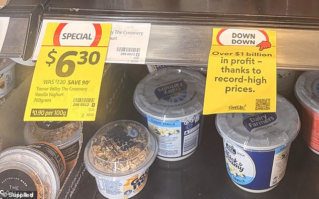 Pictured is one of the protest stickers at a Coles supermarket
