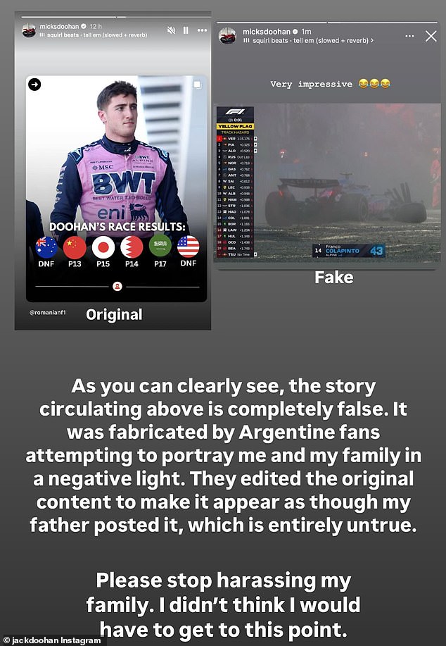 The fake Instagram post appeared to mock Colapinto¿s crash, later confirmed to be digitally manipulated