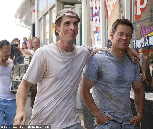 Two years later he was required to drop the weight for his role as a recovering drug addict in The Fighter so he took up running (pictured in the film with Mark Wahlberg)