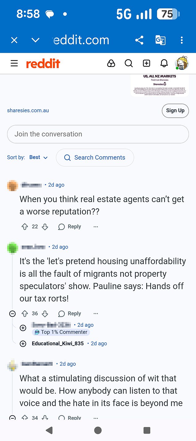 Reddit users mock the real estate industry's proposed use of Senator Hanson as their keynote speaker at a female property influencers' convention, joking she would argue that migrants were to blame for housing unaffordability