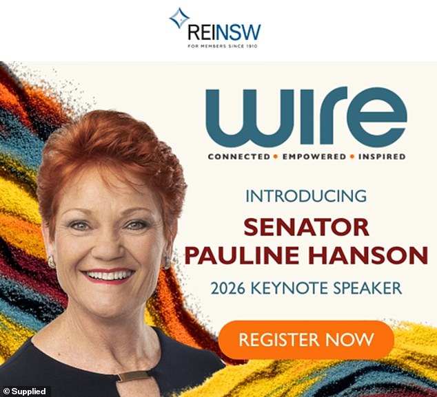 Pauline Hanson has been dumped from the real estate convention promoted (above) as a chance for influential property figures to hear her thoughts on housing and national policy