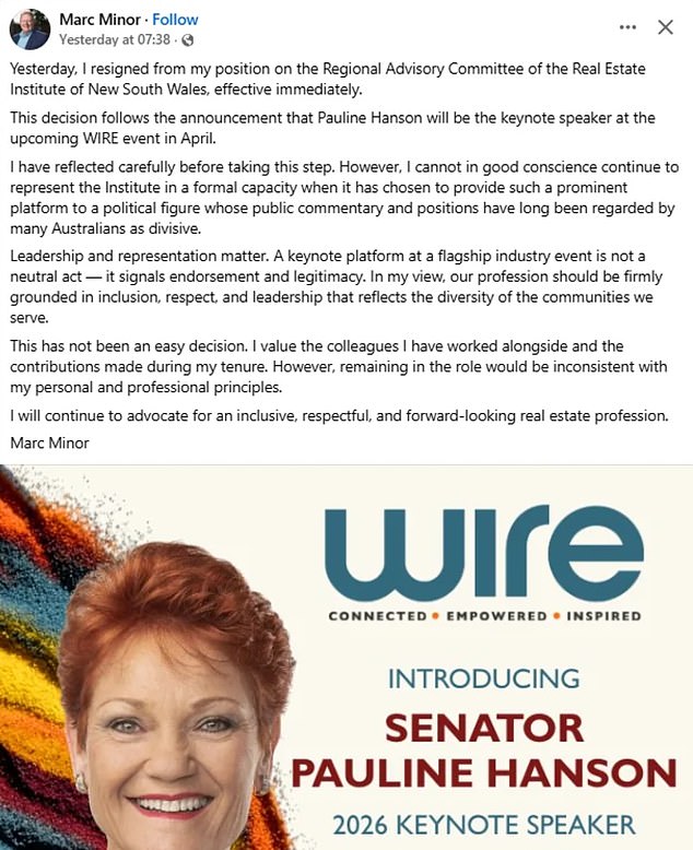 The governing NSW real estate body received a torrent of protests from members before being forced to cancel Hanson. Above, REINSW official Marc Minor quits 'effective immediately'