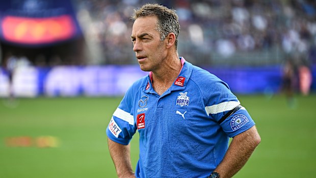 PERTH, AUSTRALIA - MARCH 25: Alastair Clarkson, Senior Coach of the Kangaroos looks on during the 2023 AFL Round 02 match between the Fremantle Dockers and the North Melbourne Kangaroos at Optus Stadium on March 25, 2023 in Perth, Australia. (Photo by Daniel Carson/AFL Photos)