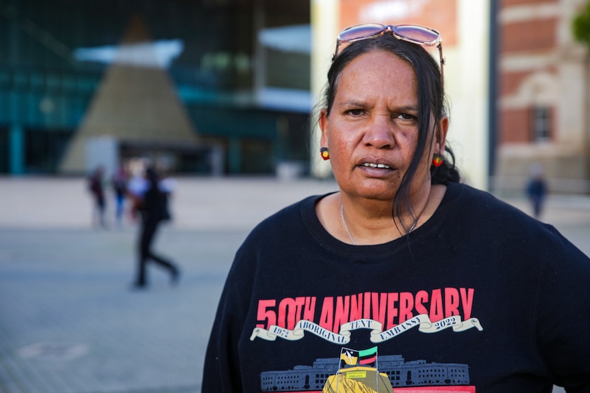 Megan Krakouer wears a shirt marking the 50th anniversary of the tent embassy.