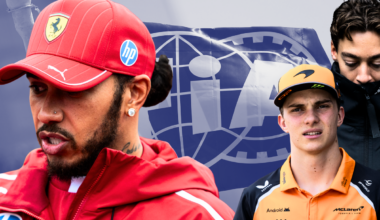 Lewis Hamilton, Oscar Piastri and George Russell look concerned in front of an FIA flag