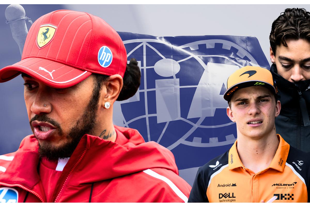 Lewis Hamilton, Oscar Piastri and George Russell look concerned in front of an FIA flag