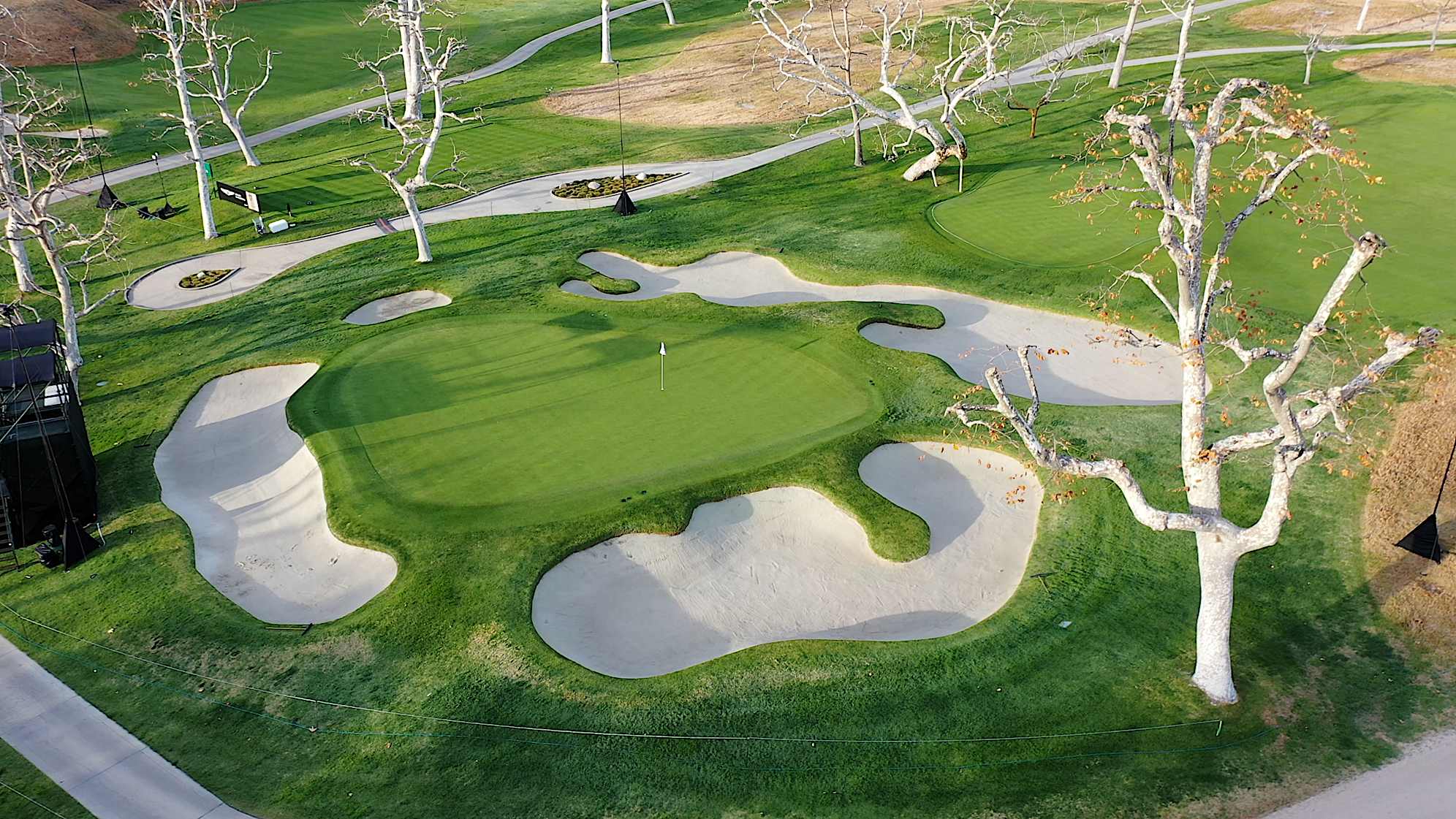 An aerial view of the par-3 16th hole at The Riviera Country Club. (PGA TOUR)