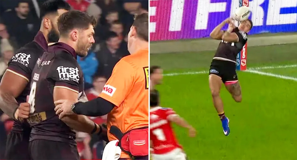 Corey Jensen and Reece Walsh in action for the Broncos in the World Club Challenge. 