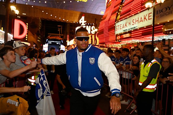 Bulldogs skipper Stephen Crichton leads the way at the NRL fan event at the Fremont Street Experience.