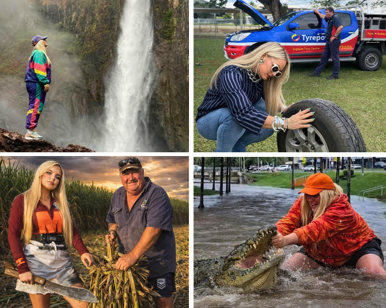 Four images compiled - a girl at t waterfall, a girl with a tyre, a girl with a cane farmer and with a crocodile.