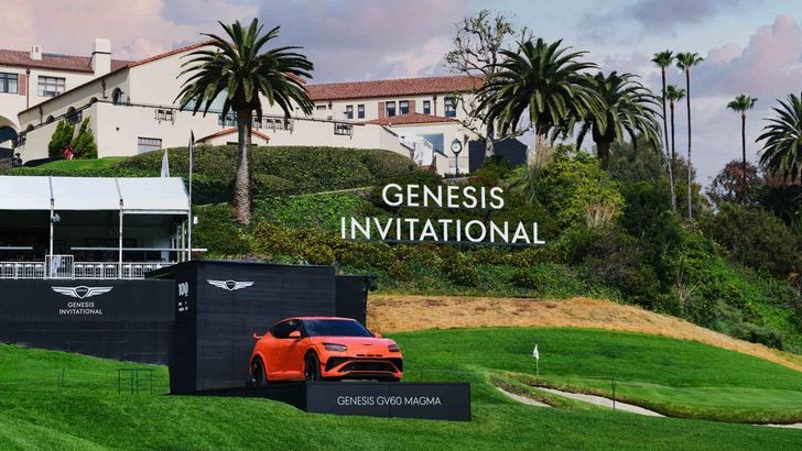 The high-performance electric SUV Genesis GV60 Magma is displayed at Riviera Country Club in Los Angeles, where the 2026 Genesis Invitational takes place this week. Courtesy of Genesis