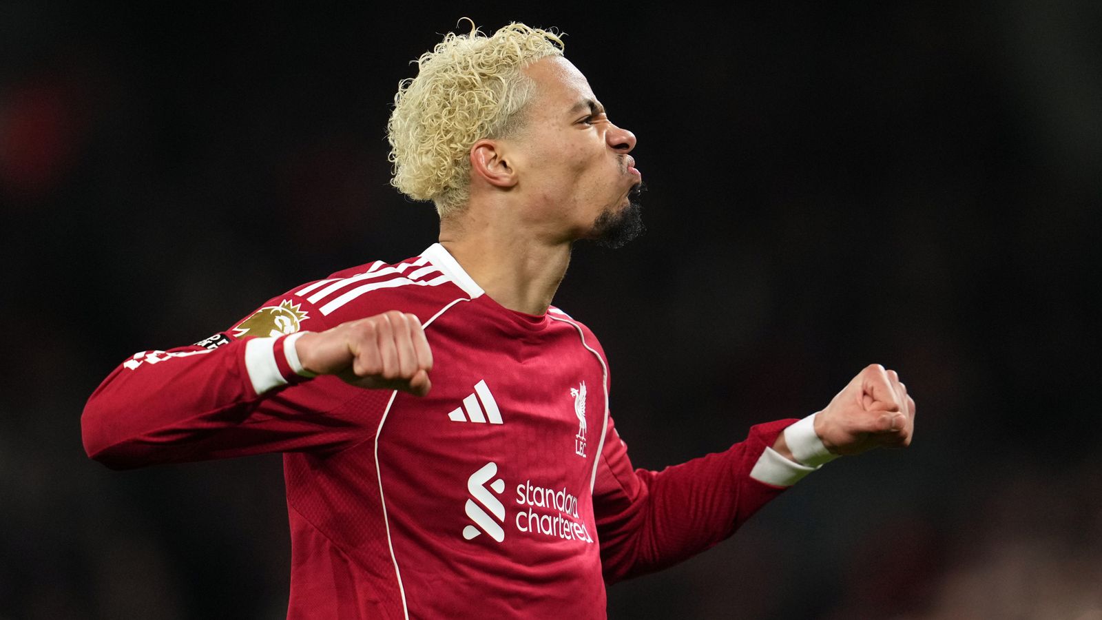 Liverpool's Hugo Ekitike celebrates after scoring their equaliser (AP Photo/Jon Super)