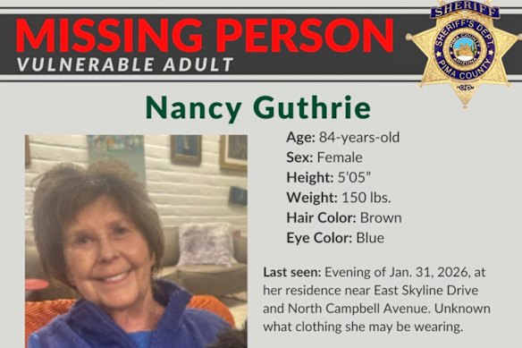 A missing person alert for Nancy Guthrie.
