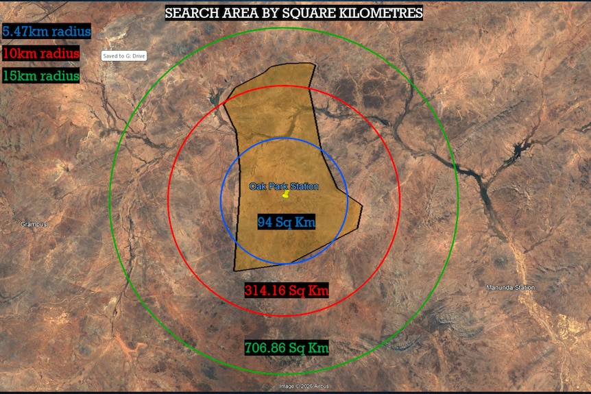 An aerial image of land with a yellow highlighted section and blue, red and green circles around it indicating search areas