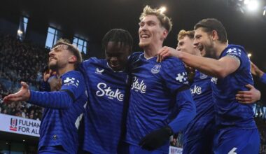 Everton players celebrate after taking the lead at Craven Cottage via a Bernd Leno own goal