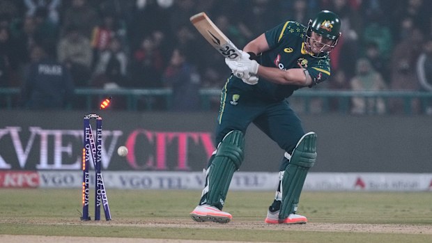 Australia's Matt Renshaw is bowled out by Pakistan's Shaheen Shah Afridi.