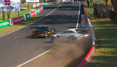 Team NZ Aston Martin bites the wall after high speed clash - Bathurst 12 Hour