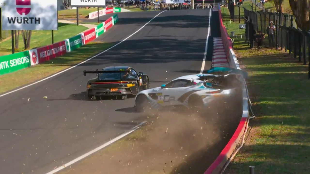 Team NZ Aston Martin bites the wall after high speed clash - Bathurst 12 Hour