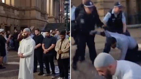 Police disrupt praying Muslims during protests in Sydney – video