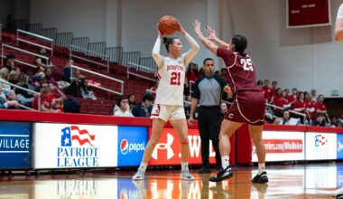 Photo of BU women's basketball senior Anastasiia Semenova shooting a layup at Bucknell.