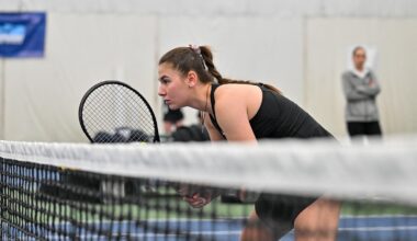 Matilde Parreira and Sabrina Tolstova celebrate a winning point against Oakland