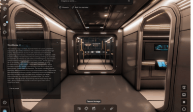 Space ship environment created in Marble with text prompt overlayed. Note how the lights are realistically reflected in the hub's walls.