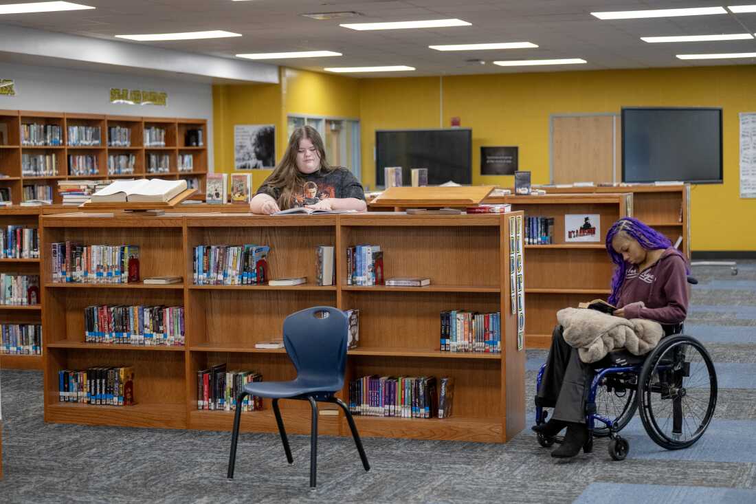 Madelyn Whitt and Quani’e Lanier read books in their school library. Madelyn Whitt stands behind an armpit-high bookcase, with her book opened on top of it. Quani’e Lanier sits in a wheelchair with an open book on her lap.