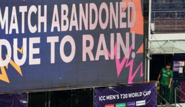 Pakistan's Usman Khan looks at a large screen announcing the end of the T20 World Cup match with NZ. Photo: AP PHOTO