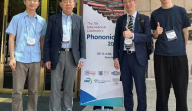 Figure 1: The research team from The University of Hong Kong presented their findings at the Phononics 2025: 7th International Conference on Phononic Crystals/Metamaterials, Phonon Transport, Topological Phononics. Professor Fang Xuanlai (second from right), Dr Qu Sichao (first from left), Dr Dong Erqian (first from right), and Professor Shen Ping (second from left).