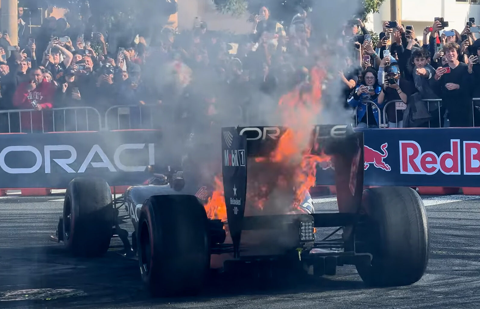 F1 car catches fire on Yuki Tsunoda’s Red Bull return during demo
