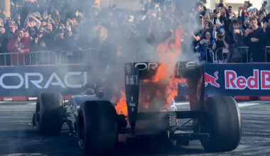 F1 car catches fire on Yuki Tsunoda’s Red Bull return during demo