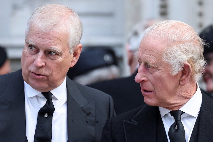 Prince Andrew looks over his shoulder while King Charles looks at him. Both are aged with thinning white hair and wearing suits.