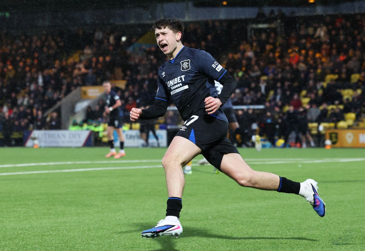 Rangers Mikey Moore celebrates after scoring to make it 2-2 vs Livingston