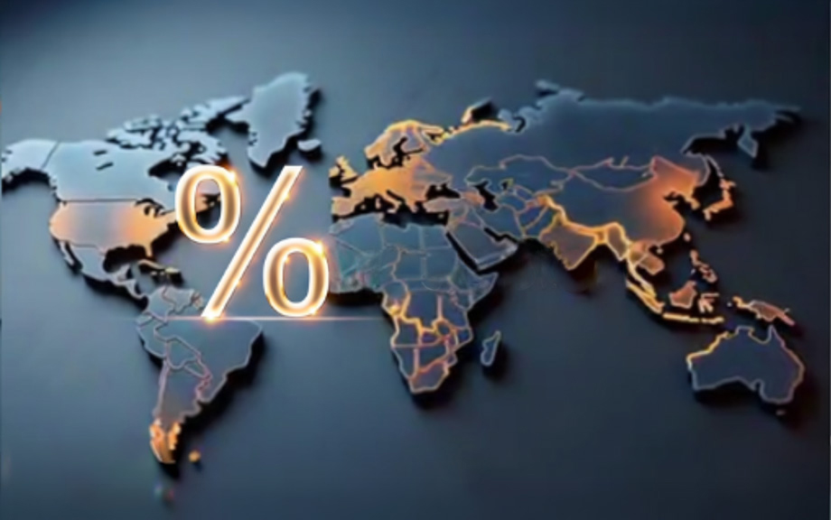 Illustration of a flat world map with a percent sign between north america continent and europe/africa continents. Colored in dark blue and golds.