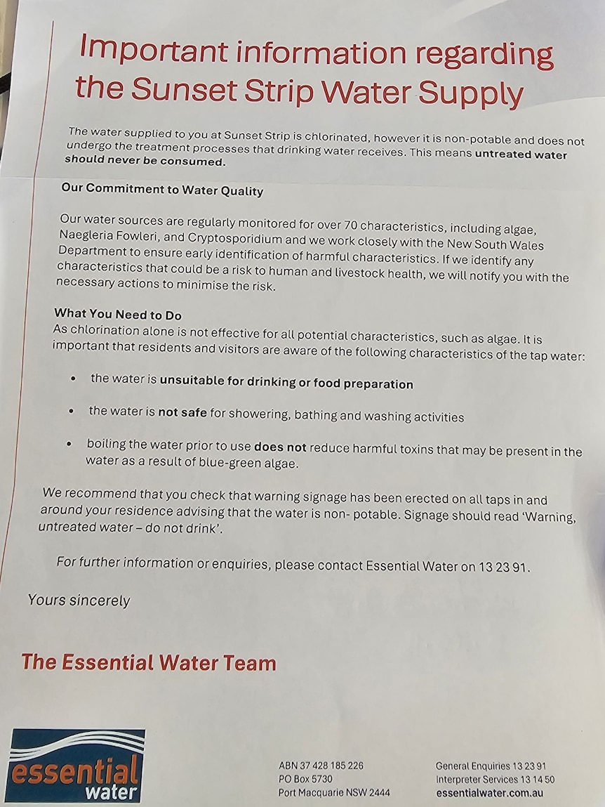 Letter from Essential Water to a new Sunset Strip resident warning them their water is unsafe for everything except the toilet