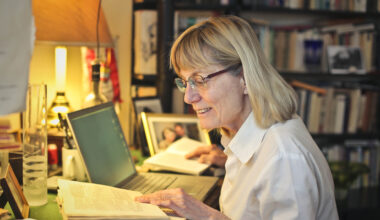 Woman is working at home.