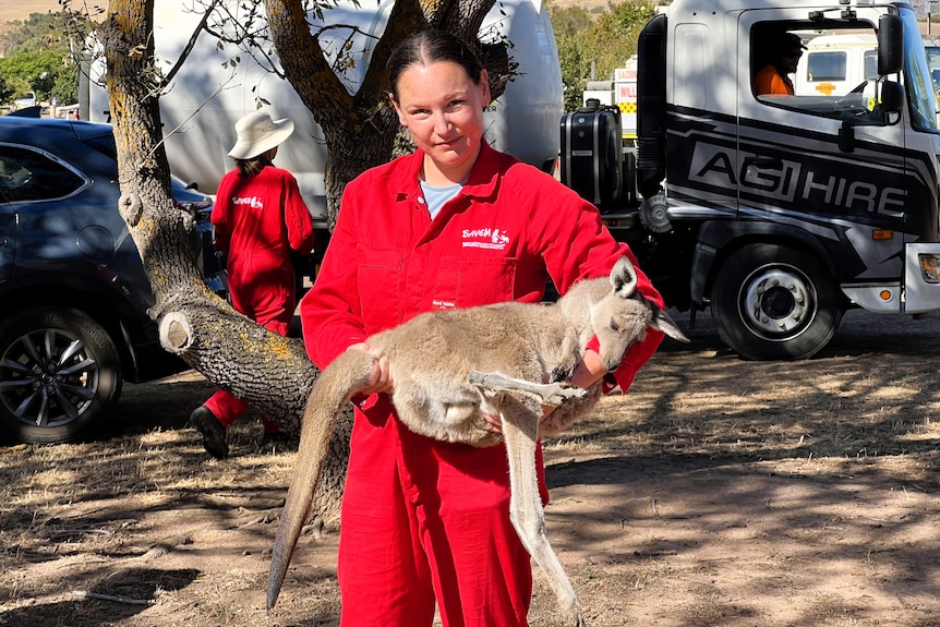 A woman in red overalls carries a small kangaroo 