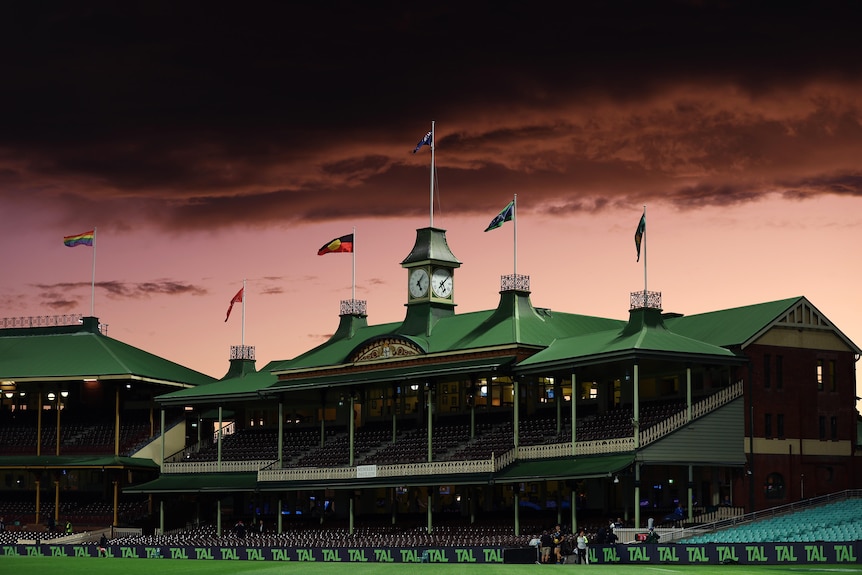 A general view of the members stand of the Sydney Cricket Ground at dusk.