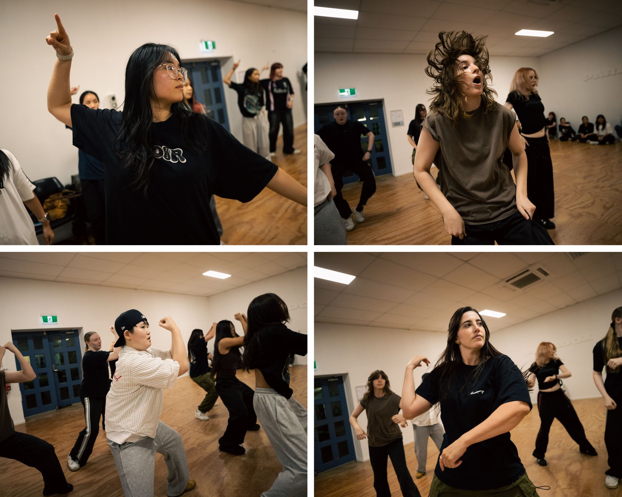 A collage of four people in black tshirts rehearsing a dance