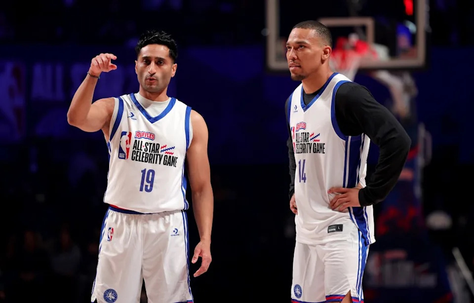 Shams Charania (left) and Amon-Ra St. Brown during the Celebrity Game during 2026 NBA All-Star at The Kia Forum on Feb. 13, 2026 in Inglewood, Calif. Getty Images