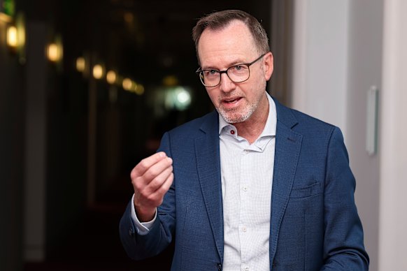Senator David Shoebridge during a doorstop interview in the press gallery at Parliament House this morning. 