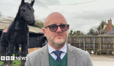 James Mander, standing in front of the 10ft (3m) horse sculpture. He has no hair on his head and has grey stubble and round-framed black glasses. He is looking directly at the camera and is wearing a patterned shirt with a green jumper, blue tie and grey blazer.