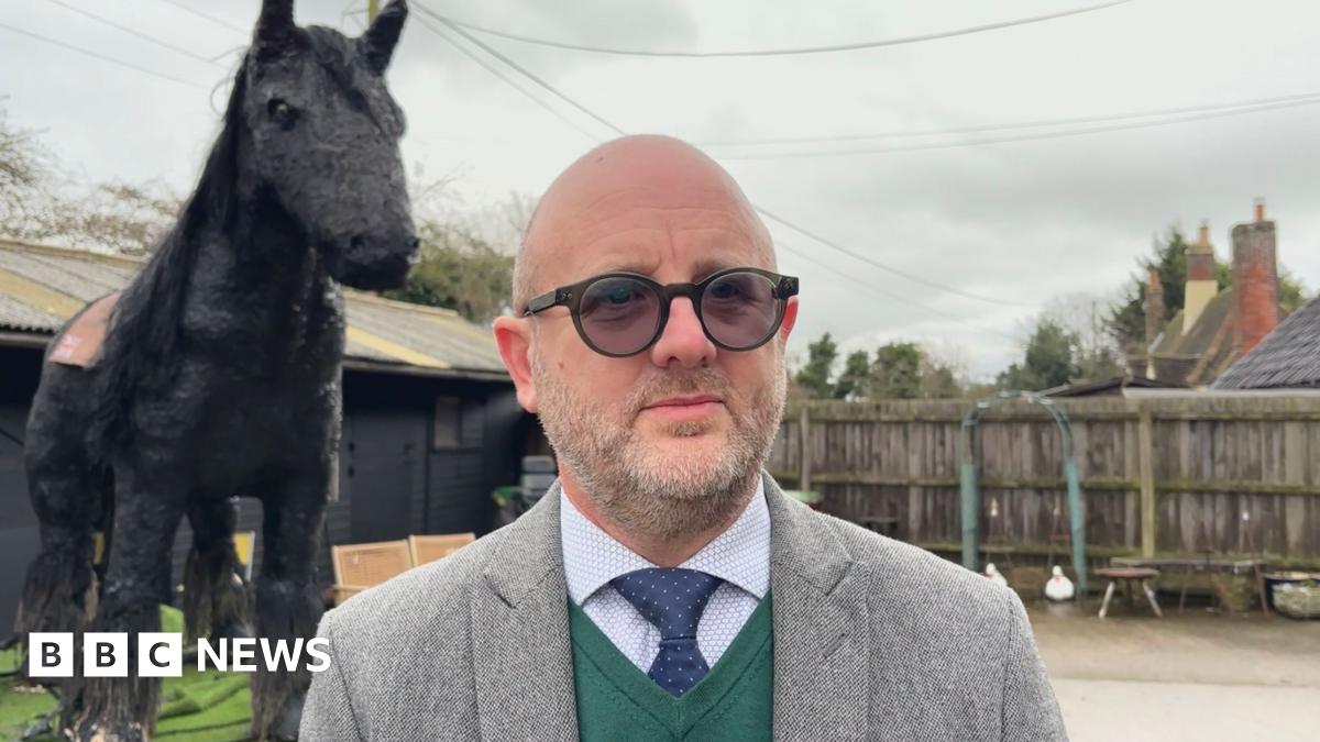 James Mander, standing in front of the 10ft (3m) horse sculpture. He has no hair on his head and has grey stubble and round-framed black glasses. He is looking directly at the camera and is wearing a patterned shirt with a green jumper, blue tie and grey blazer.