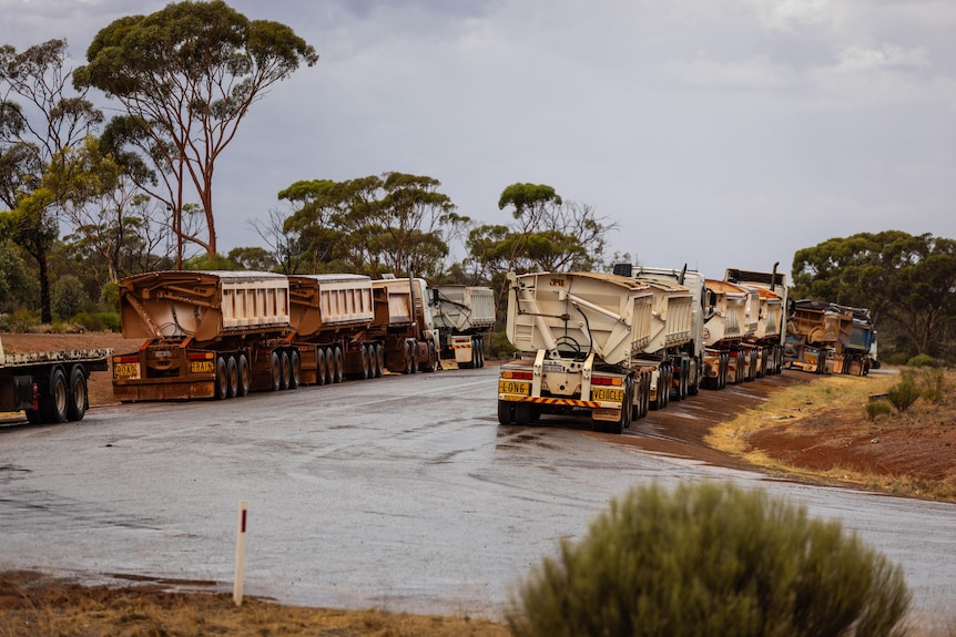Trucks and trailers parked up at a rest stop near Kalgoorlie-Boulder.