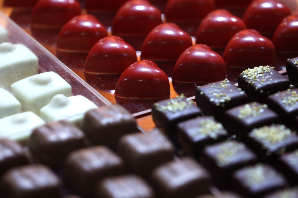 Chocolates are displayed at the "Le Salon du Chocolat - Chocoladesalon" chocolate fair, in Brussels
