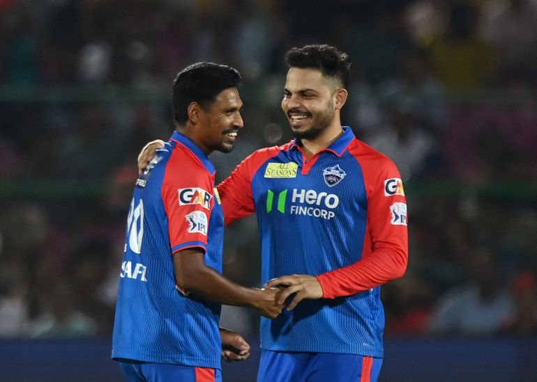 Cricket - Indian Premier League - IPL - Punjab Kings v Delhi Capitals - Sawai Mansingh Stadium, Jaipur, India - May 24, 2025 Delhi Capitals' Mustafizur Rahman celebrates with Ashutosh Sharma after taking the wicket of Punjab Kings' Shashank Singh