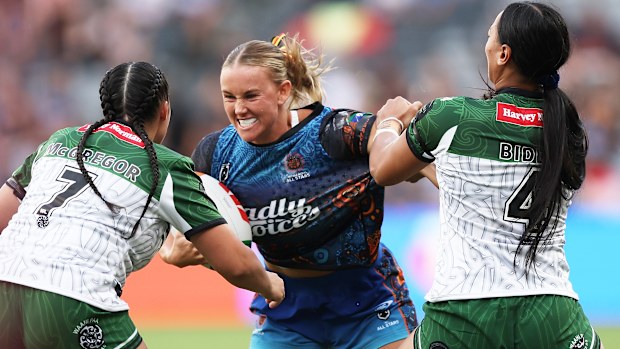SYDNEY, AUSTRALIA - FEBRUARY 15:  Jaime Chapman of the Indigenous Womens All Stars is tackled during the Women's NRL All Stars match between Indigenous and Maori at CommBank Stadium on February 15, 2025 in Sydney, Australia. (Photo by Matt King/Getty Images)