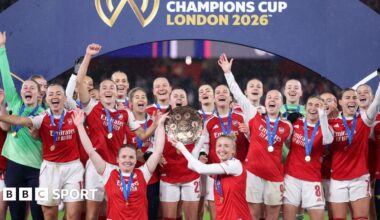 Arsenal players celebrate with the Women's Champions Cup Trophy during the Fifa Women's Champions Cup 2026 final